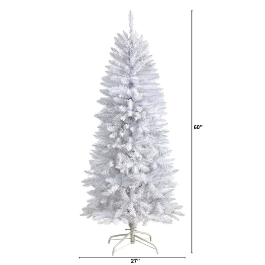Slim White Christmas Tree with Bendable Branches, 5 ft tall on white stand on Tampa Home & Garden Store