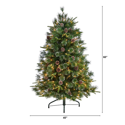 Nearly Natural Snowed Tipped Clermont Pine Christmas tree, 60in tall, pinecones and LEDs on Tampa Home & Garden Store