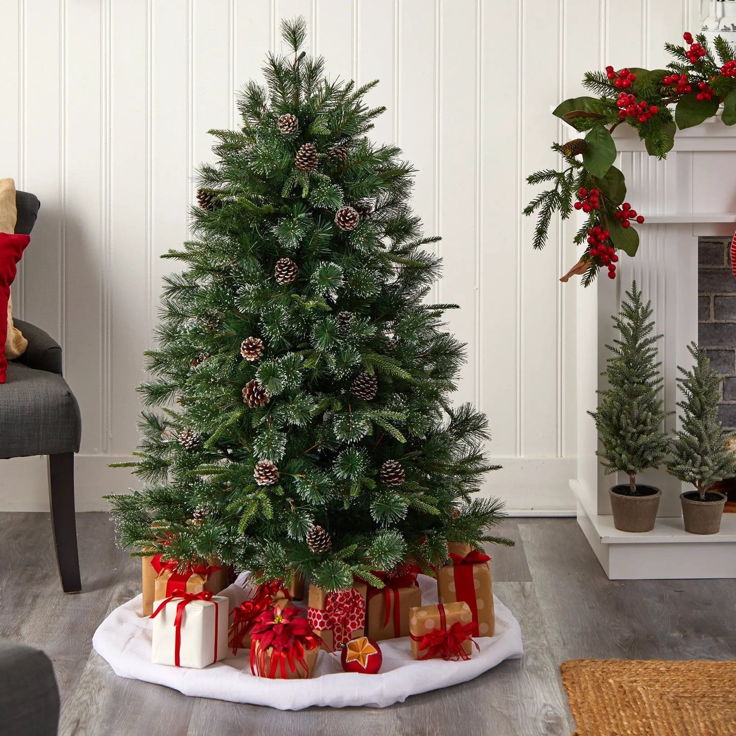 Snowed Tipped Clermont Pine artificial Christmas Tree with pinecones by Nearly Natural on Tampa Home & Garden Store