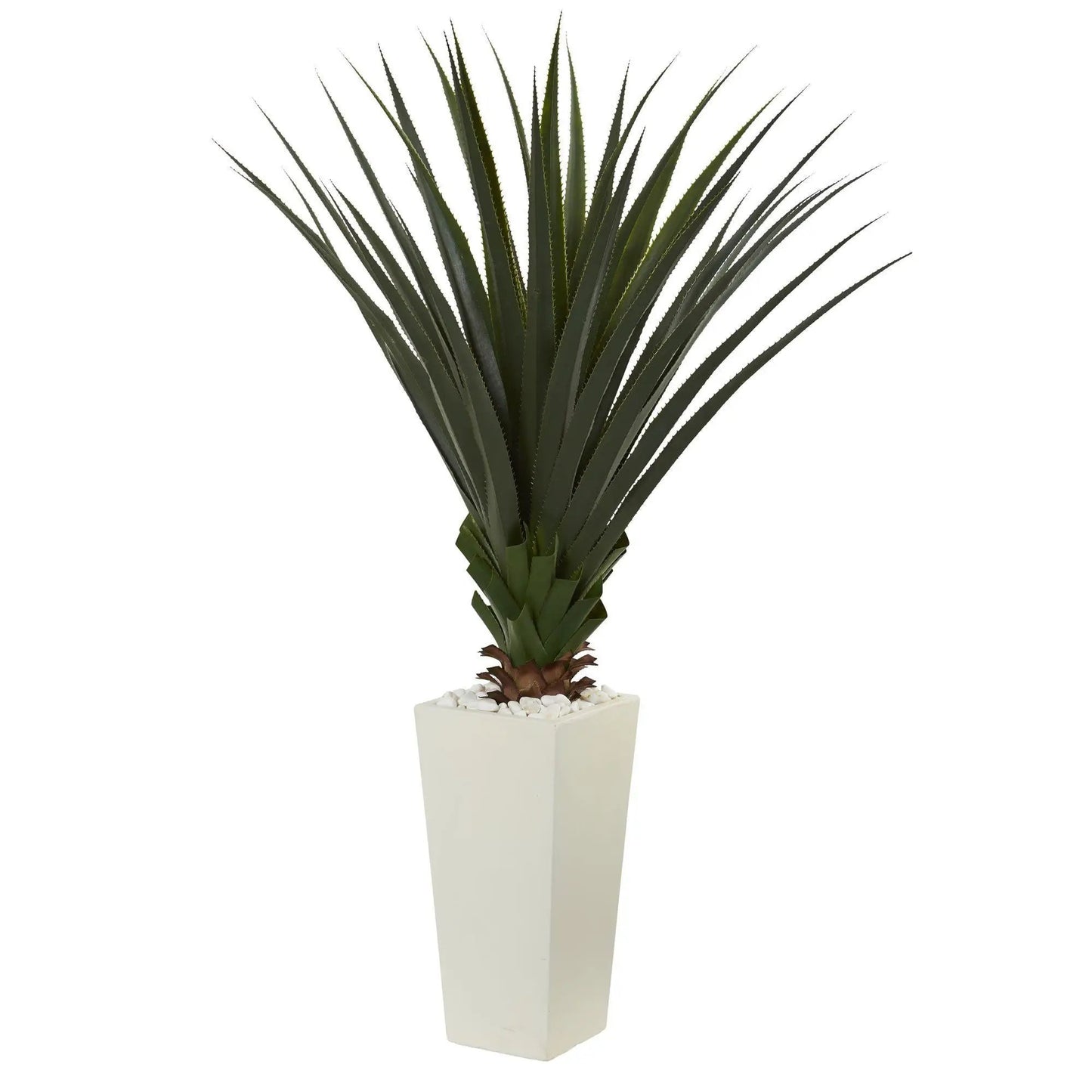Spiky Agave Plant In White Tower Planter artificial dark green leaves with white pebbles on Tampa Home & Garden Store