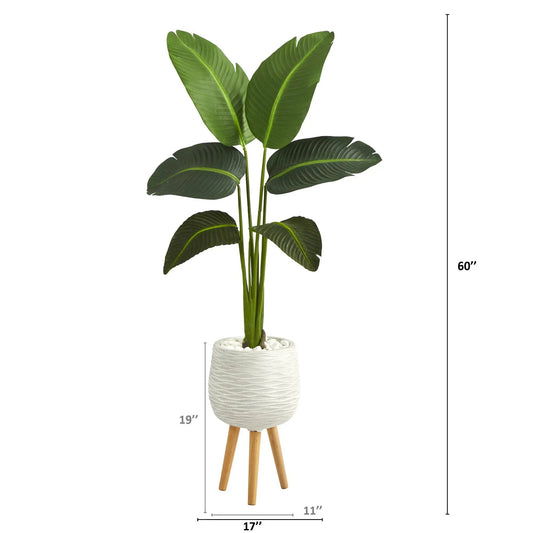 Traveler's Palm artificial plant in white textured planter on wooden stand by Nearly Natural on Tampa Home & Garden Store