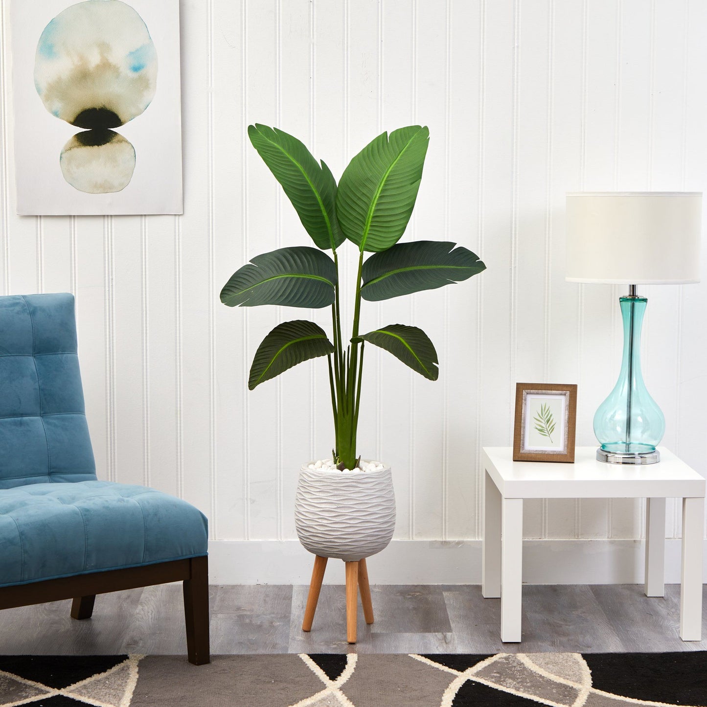 Traveler's Palm artificial plant in white textured planter on a tripod stand, 5 ft tall on Tampa Home & Garden Store