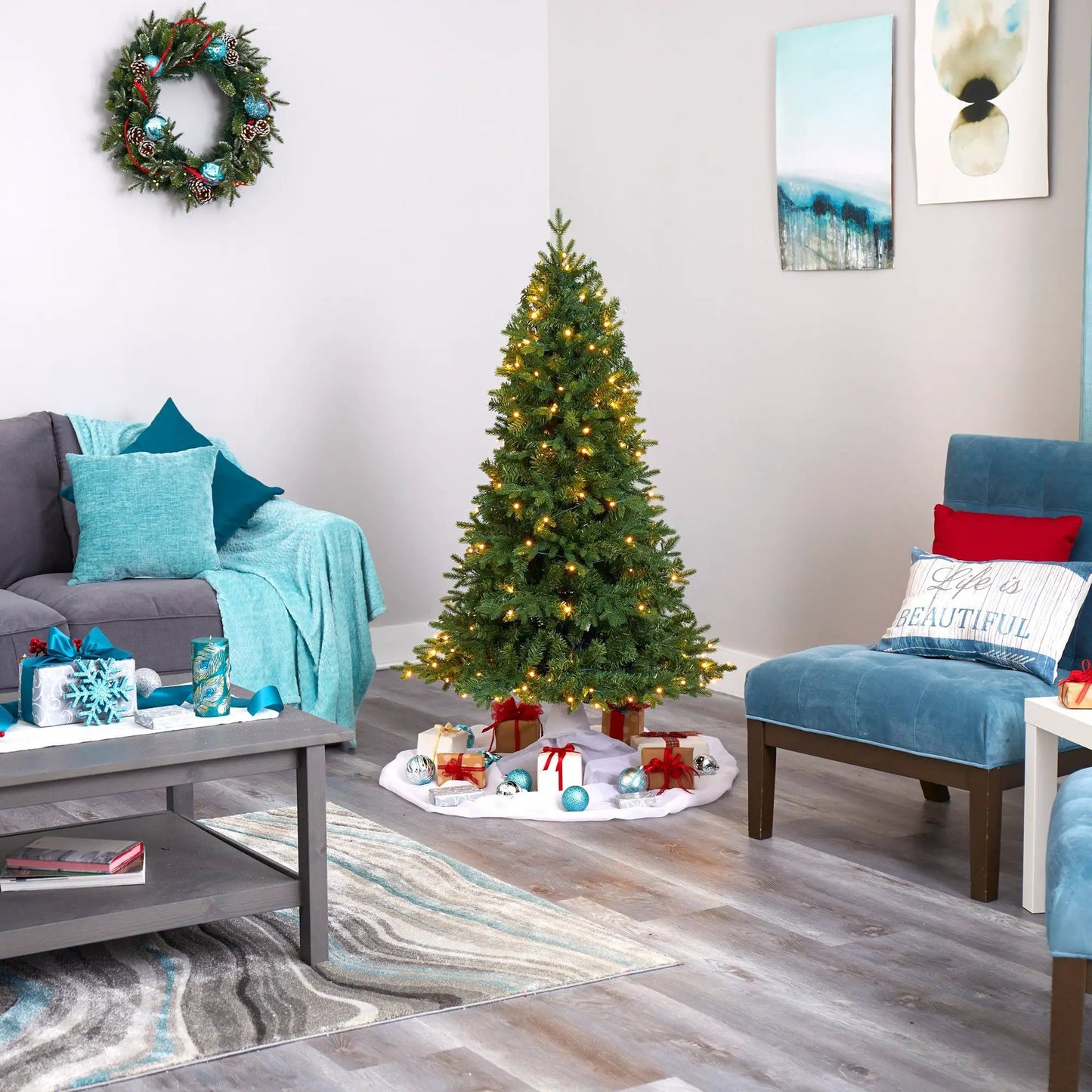 Nearly Natural Vermont Fir 5ft artificial Christmas tree with white LED lights in living room on Tampa Home & Garden Store