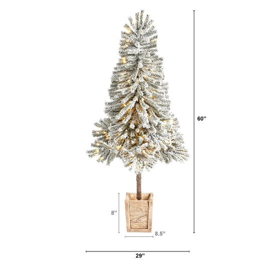 Winter Flocked Leaning Christmas Tree Prelit by Nearly Natural, snow-flocked branches with warm LED lights, 60 inches tall on Tampa Home & Garden Store