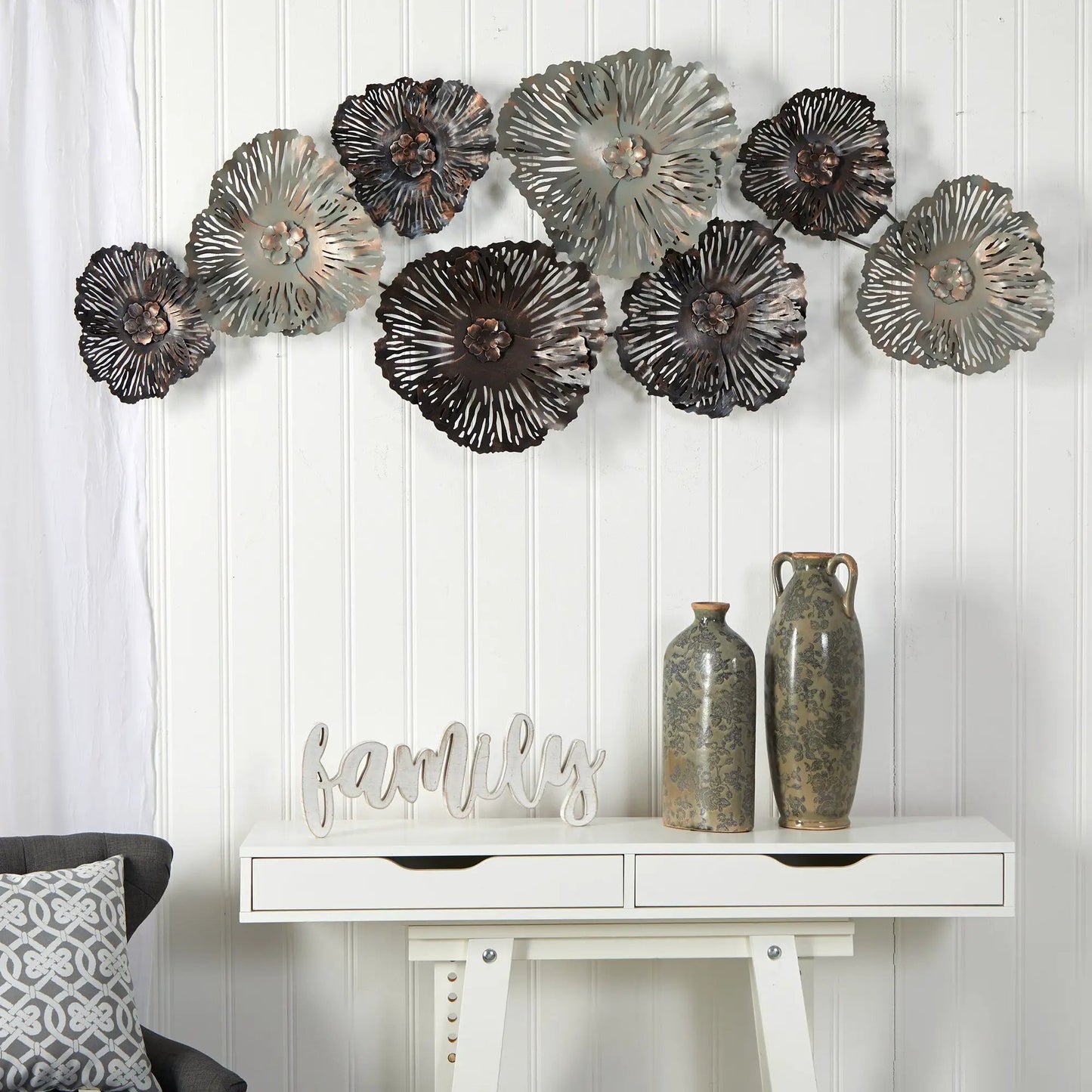 Floating metal floral wall art by Nearly Natural; silver bronze-toned petals wall sculpture on Tampa Home & Garden Store