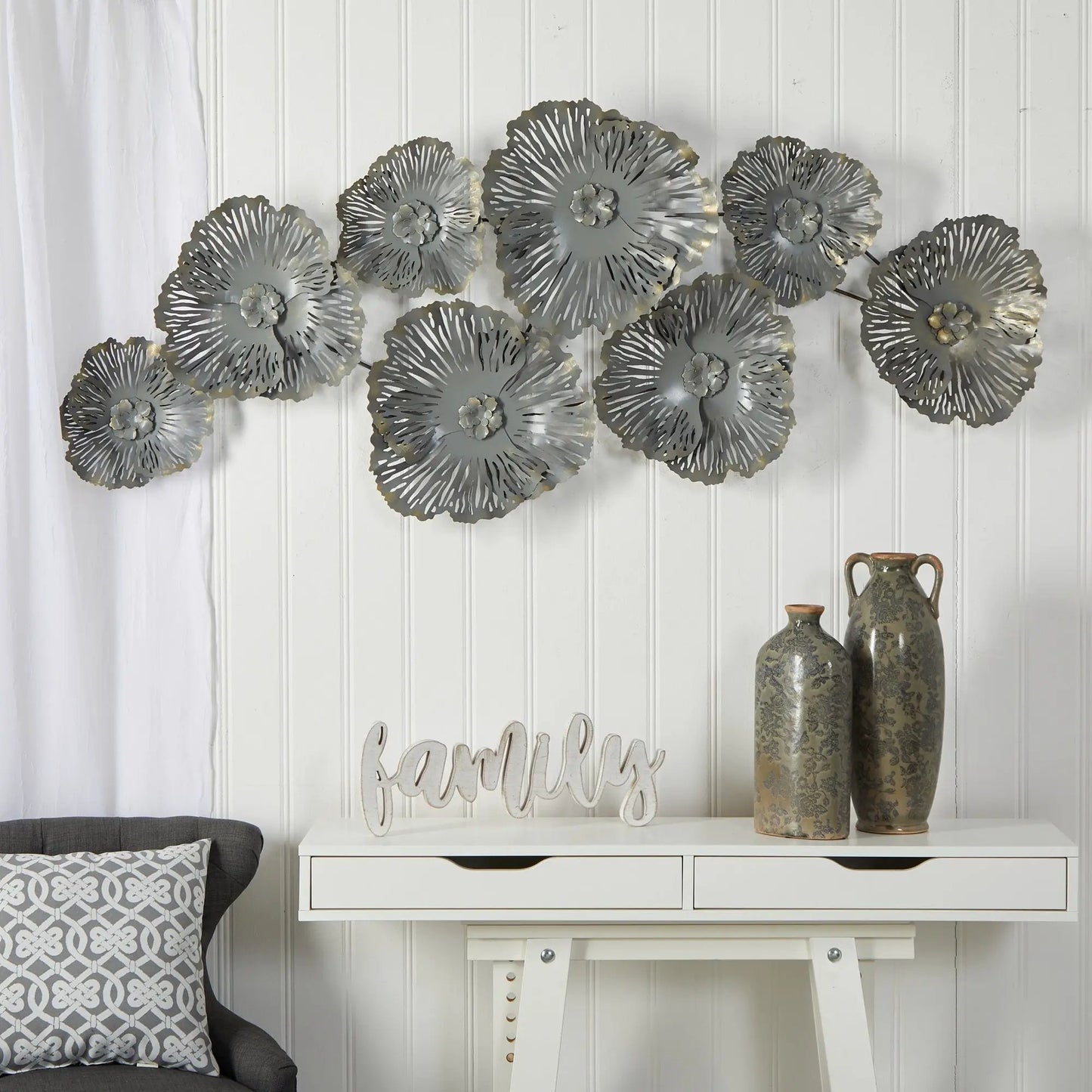 Floating Metal Floral Wall Art Decor by Nearly Natural, gray metallic flower cluster on Tampa Home & Garden Store