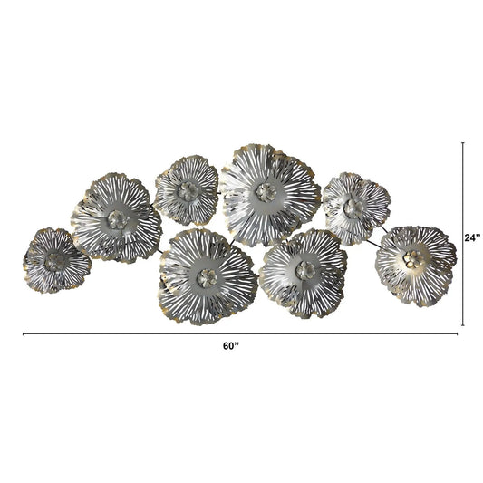 Floating metal floral wall art decor with gunmetal gray blossoms, 60 inches wide on Tampa Home & Garden Store