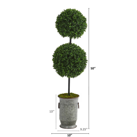 50” Boxwood Double Ball Artificial Topiary Tree in Vintage Metal Planter (Indoor/Outdoor) - Tampa Home & Garden Store
