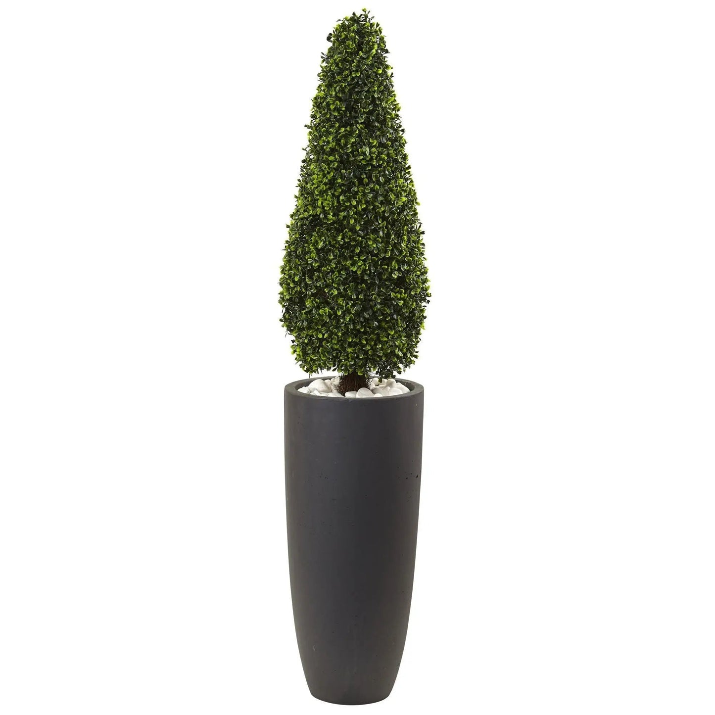 Boxwood Topiary in gray cylindrical planter with white stones by Nearly Natural on Tampa Home & Garden Store