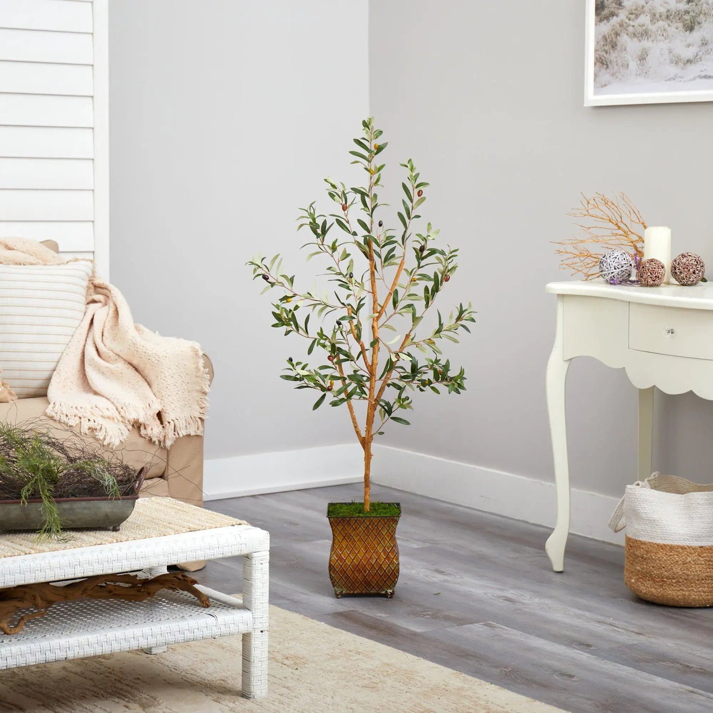 Olive artificial tree in metal planter by Nearly Natural, 50in tall on Tampa Home & Garden Store