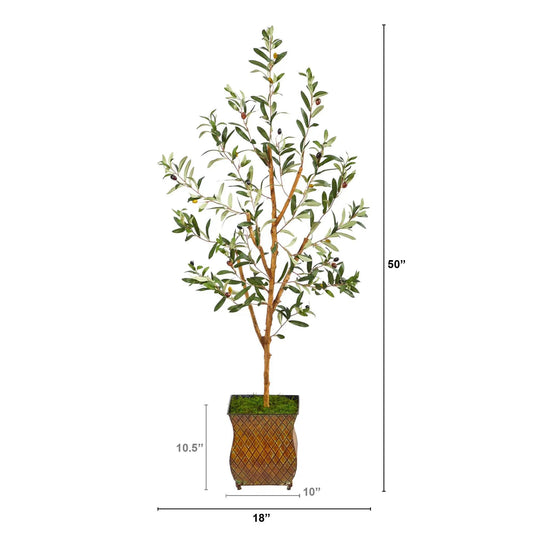 Olive artificial tree by Nearly Natural in a textured brown metal planter on Tampa Home & Garden Store