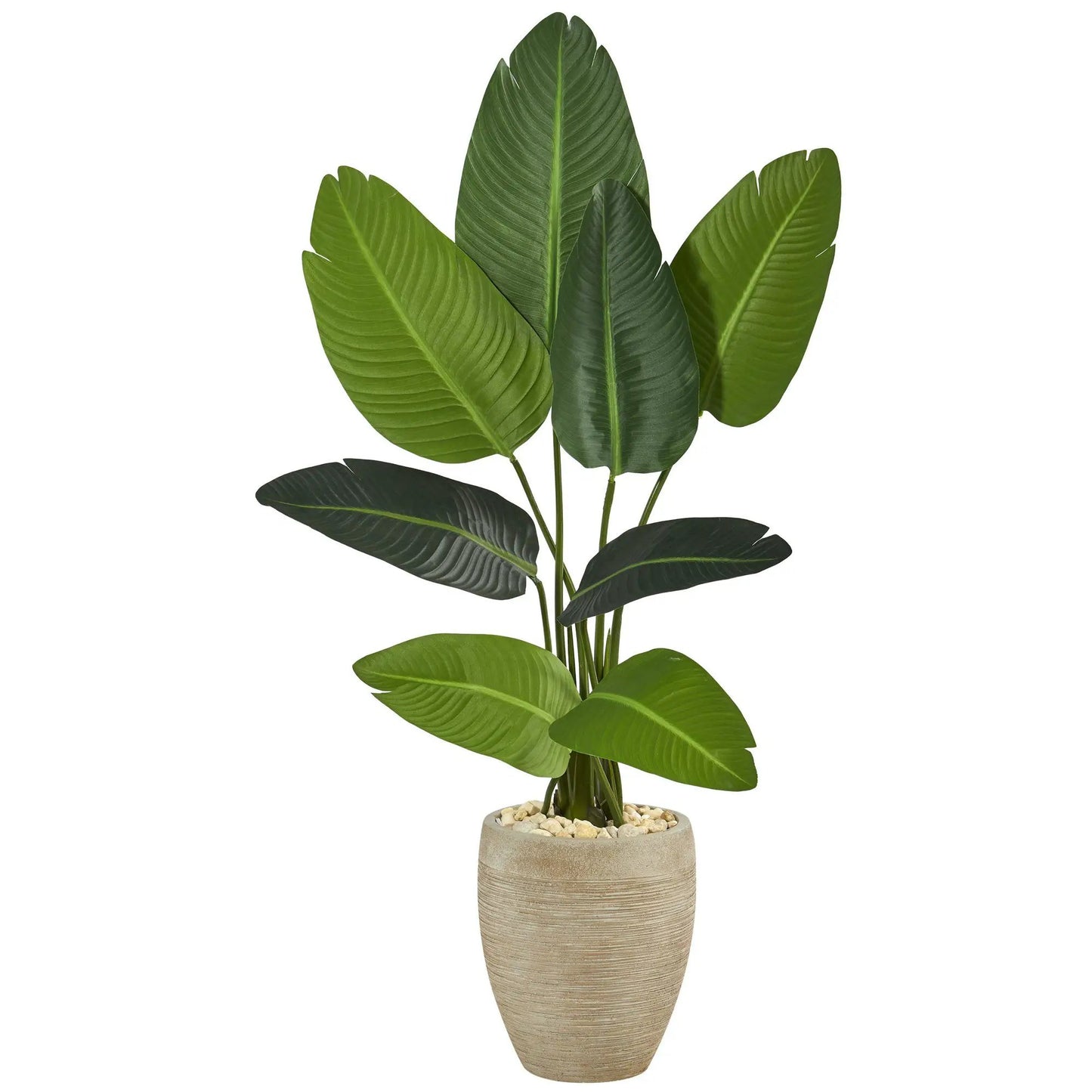 Travelers Palm artificial tree with broad green leaves in a sand planter with pebbled top on Tampa Home & Garden Store