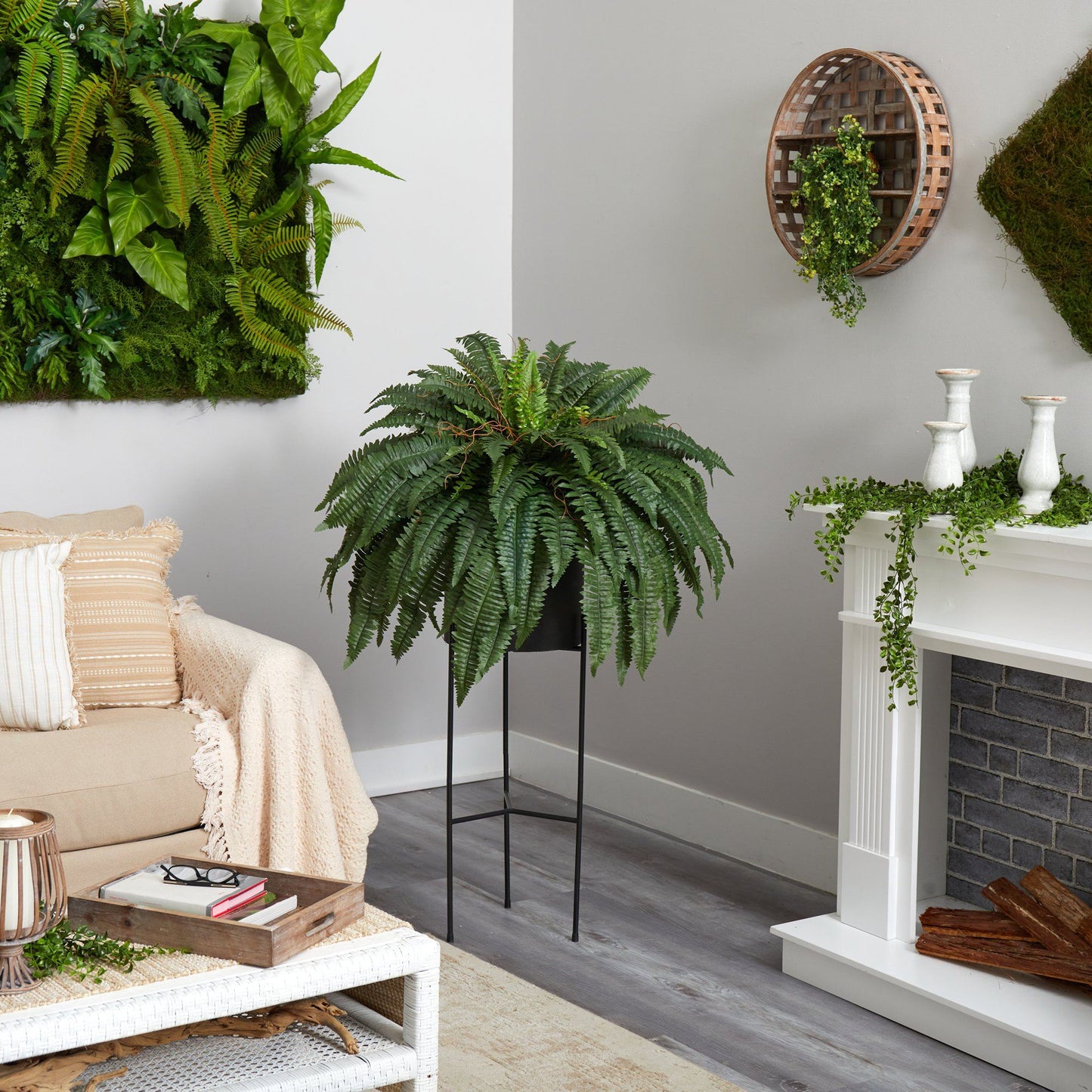 51” Boston Fern artificial plant Nearly Natural in black planter on a slim black stand on Tampa Home & Garden Store