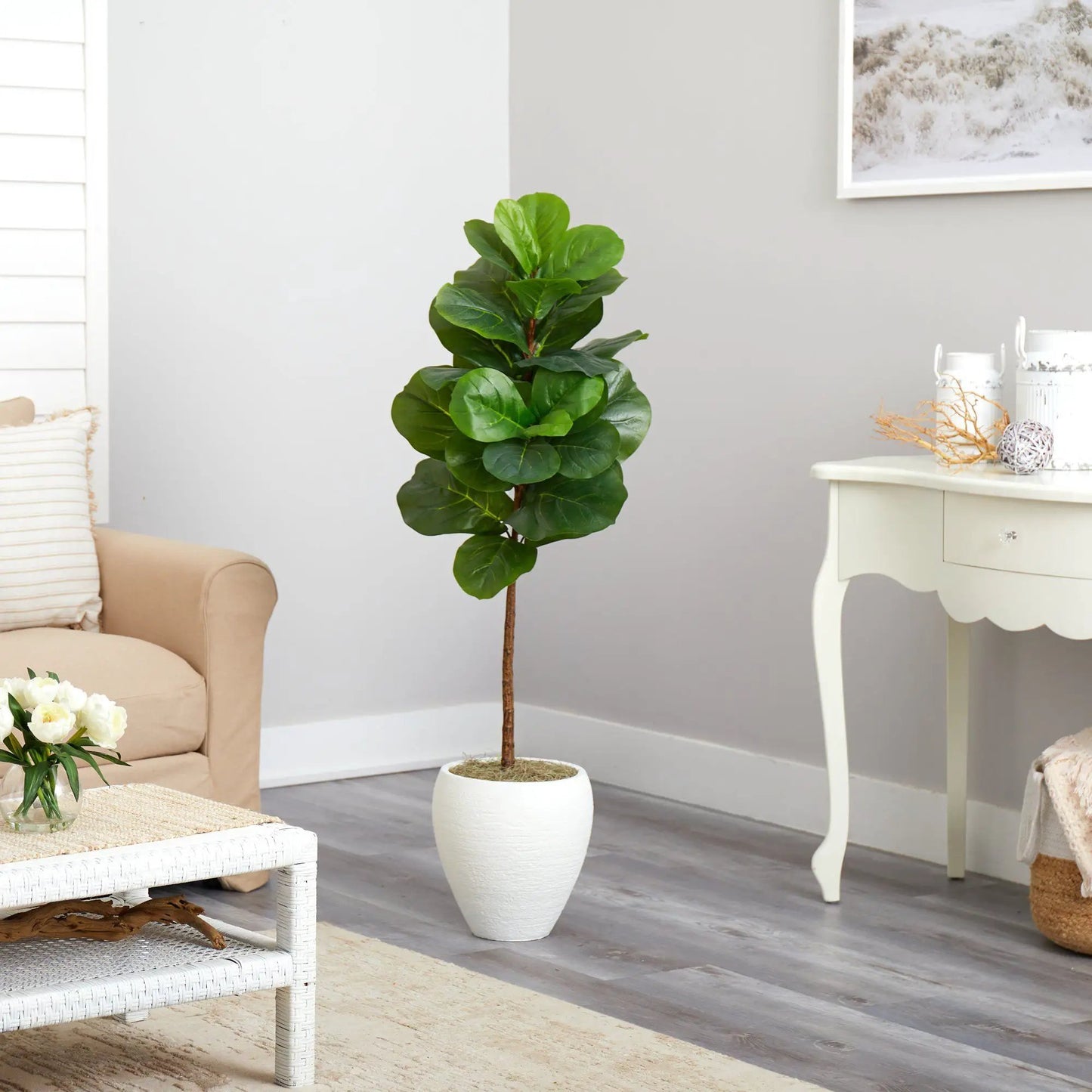 52 Inch fiddle leaf tree in white planter, Nearly Natural artificial plant for living room decor on Tampa Home & Garden Store