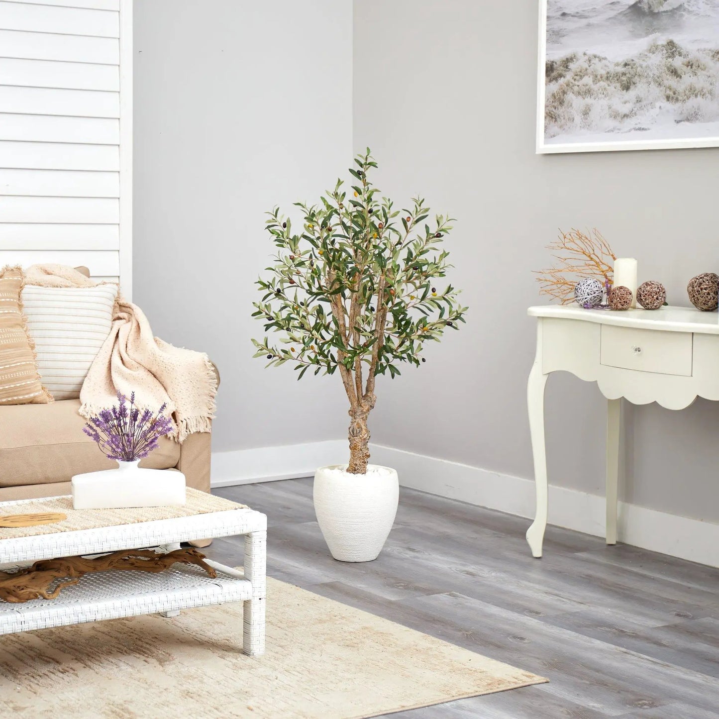 Nearly Natural olive artificial tree in white planter with green leaves and berries on Tampa Home & Garden Store