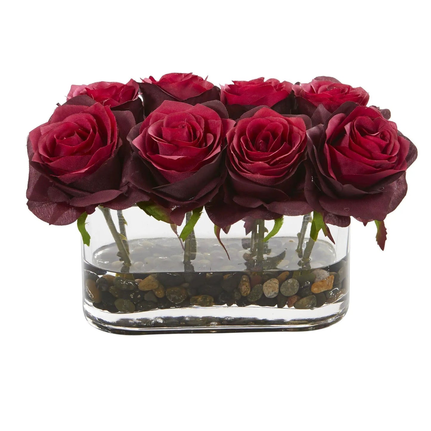 5.5-inch artificial burgundy roses in a clear glass vase with pebbles by Nearly Natural on Tampa Home & Garden Store