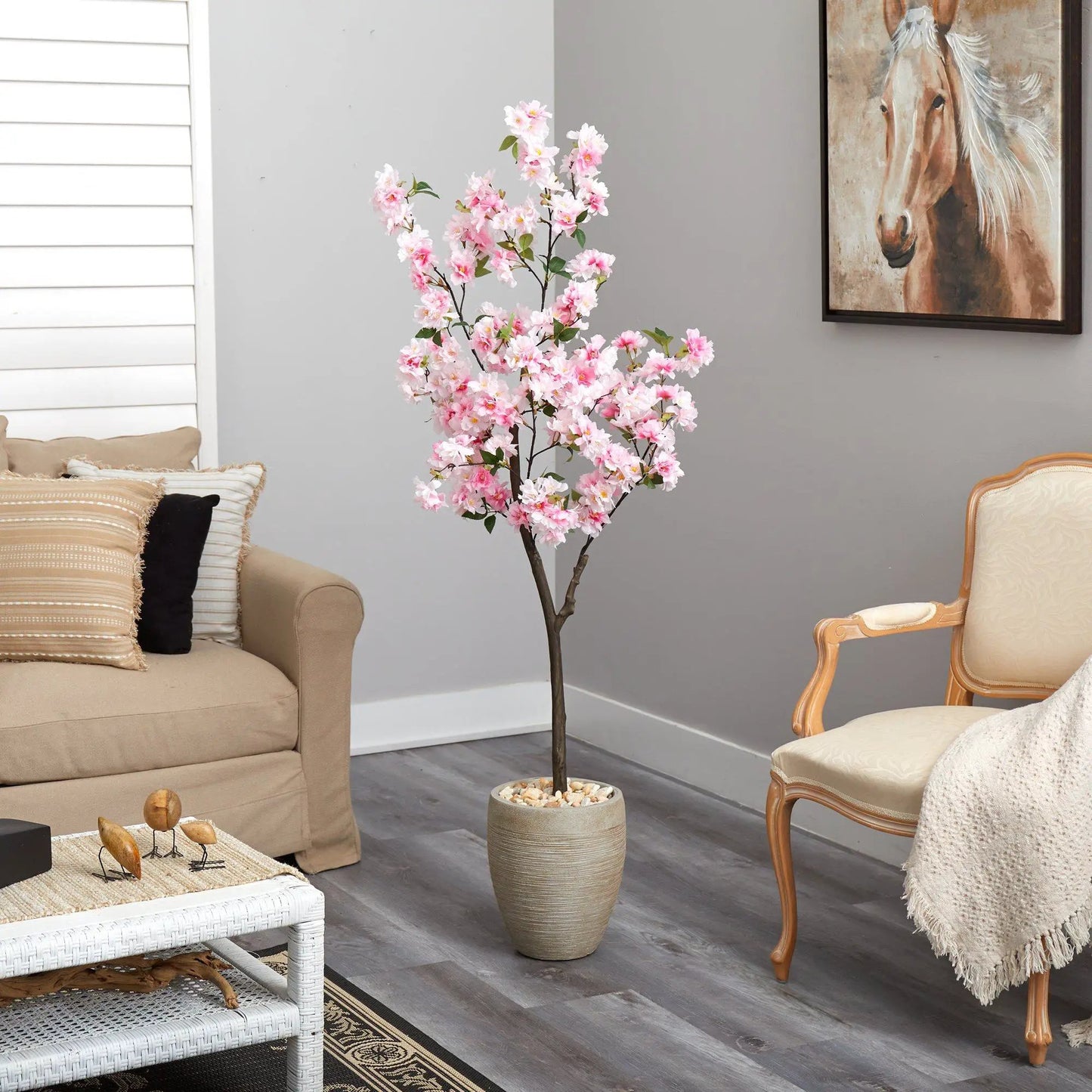 Nearly Natural 5.5 ft cherry blossom tree in sand planter, pink blossoms, artificial decor on Tampa Home & Garden Store