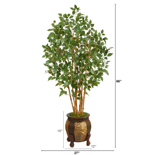 Ficus Bushy Artificial Tree in Decorative Planter by Nearly Natural, 66in tall with lush leaves on Tampa Home & Garden Store