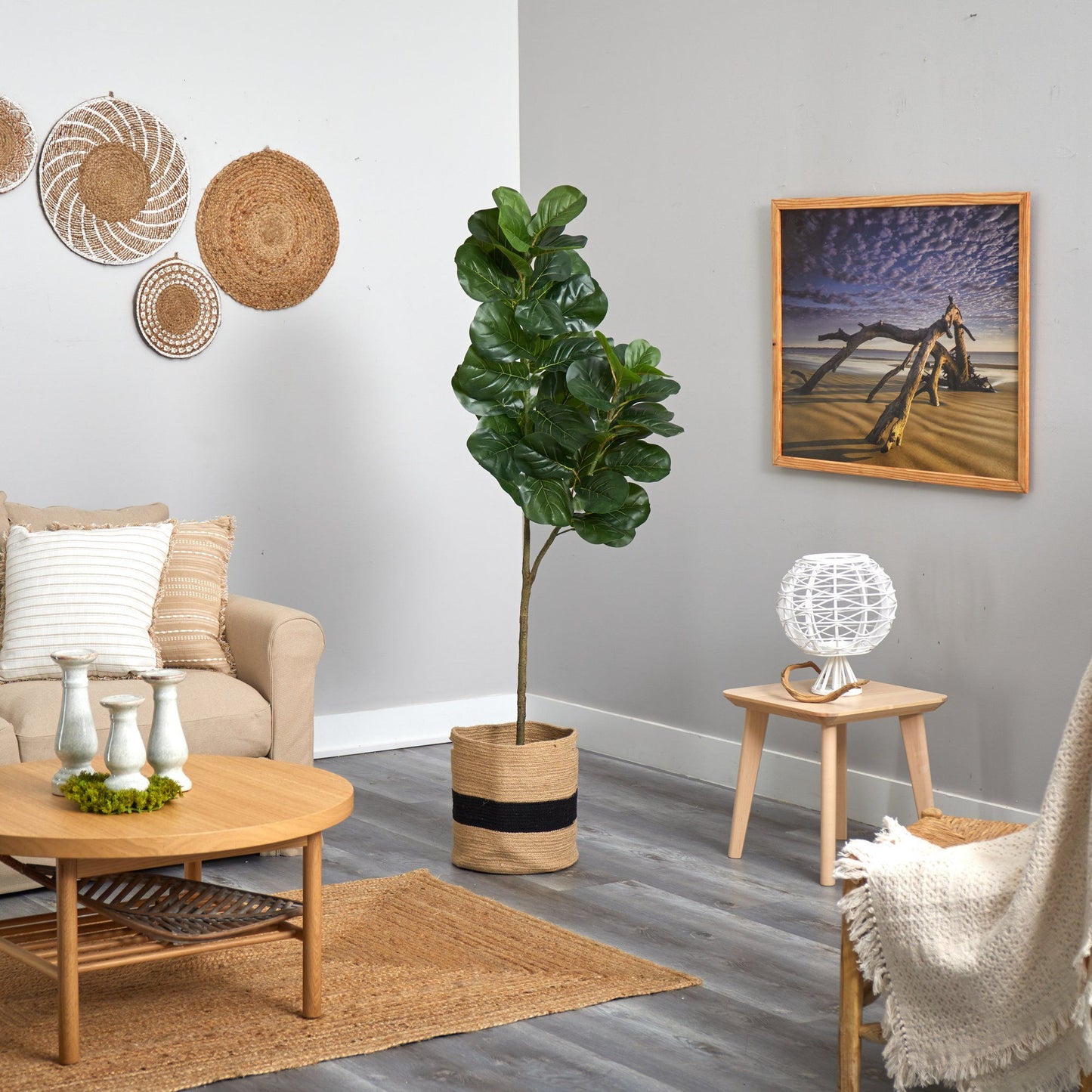 5.5' fiddle leaf fig artificial tree in handmade cotton planter Nearly Natural green leaves on Tampa Home & Garden Store