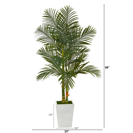 Golden Cane Palm Tree in White Metal Planter, artificial palm with lush green fronds on Tampa Home & Garden Store