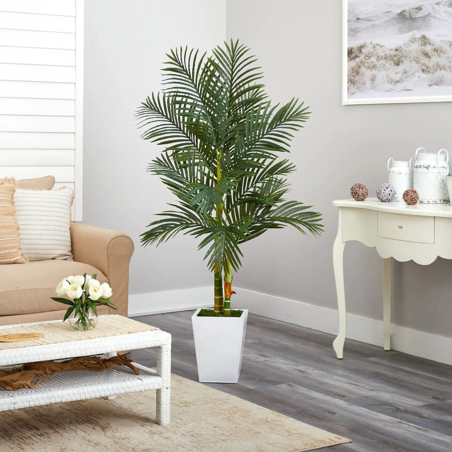 Golden Cane Palm Tree in White Metal Planter, 5.5 ft artificial palm by Nearly Natural on Tampa Home & Garden Store