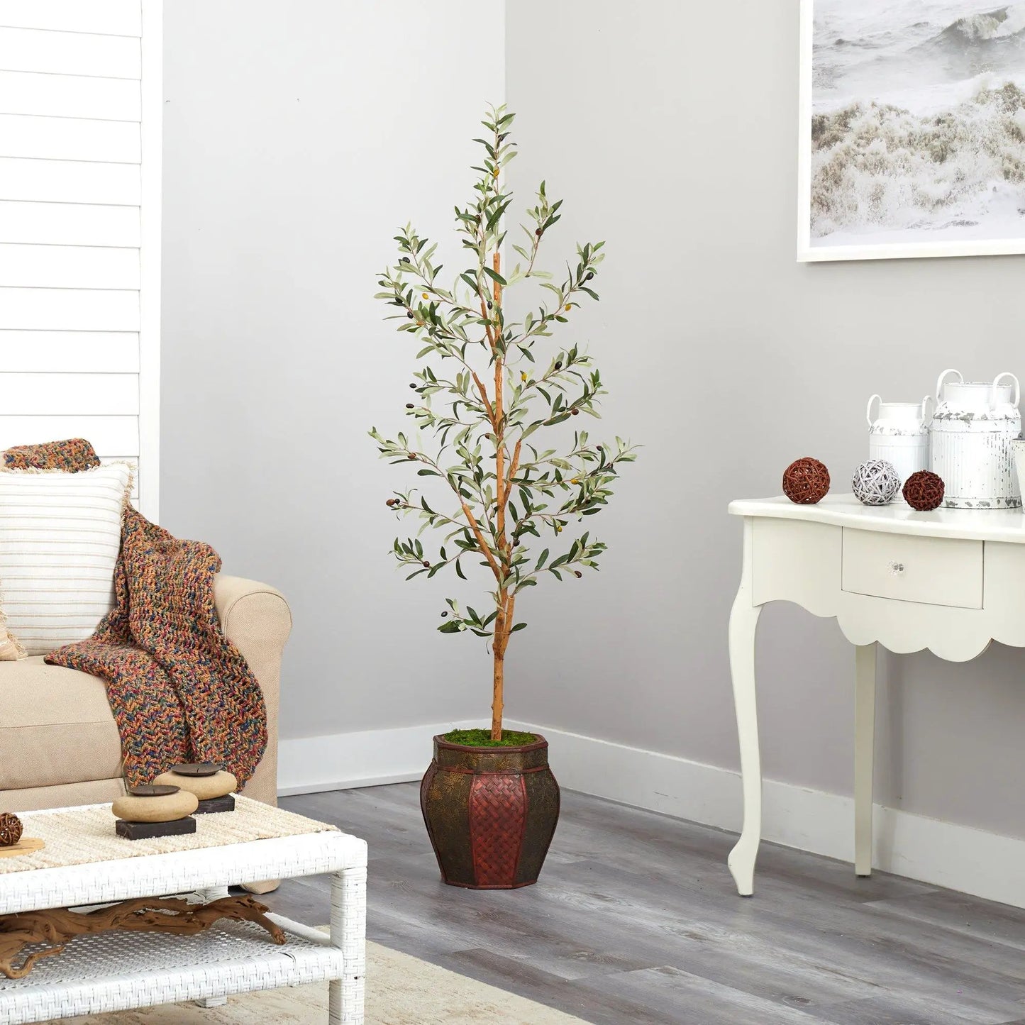 Olive artificial tree in decorative brown planter with green leaves and small dark olives on Tampa Home & Garden Store