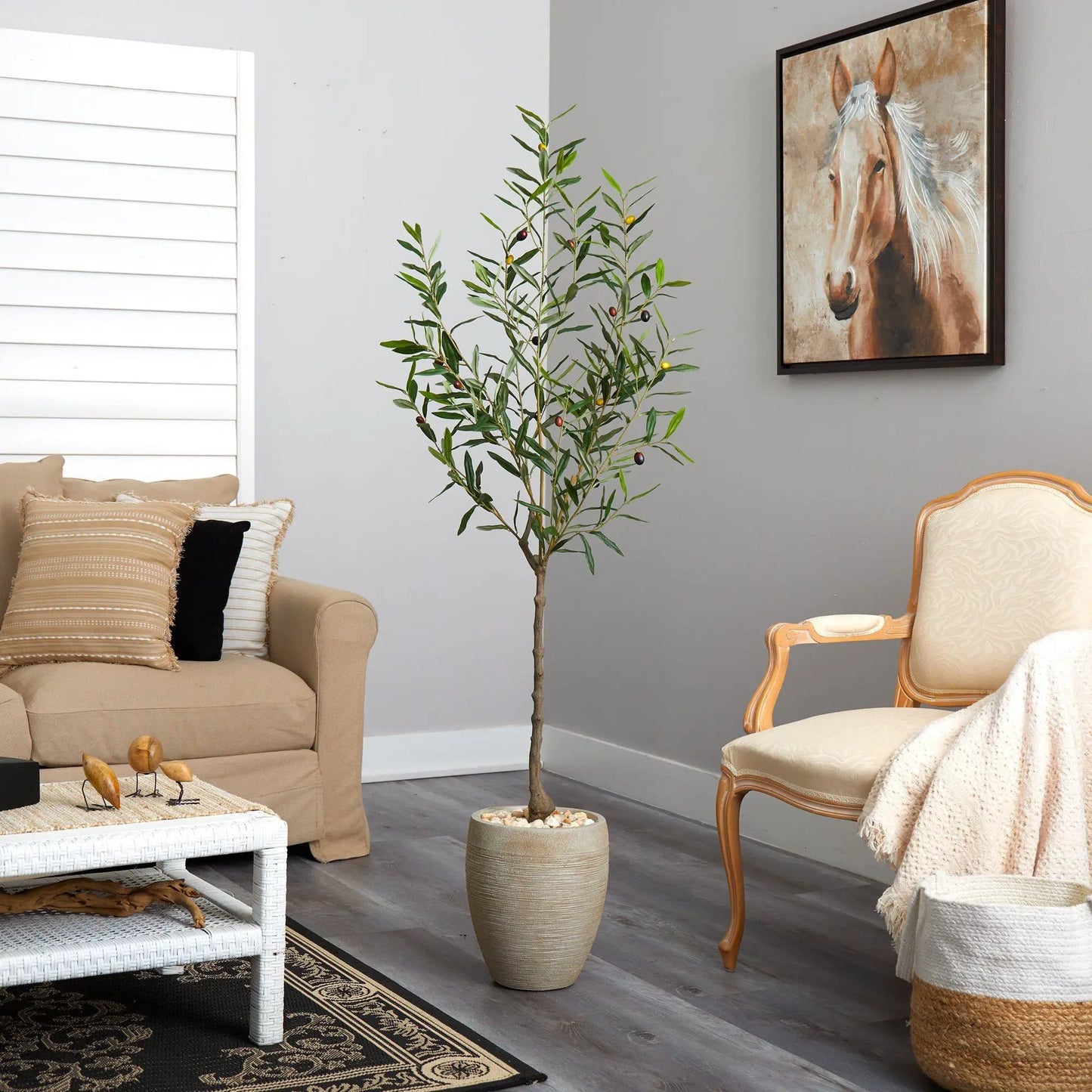 Nearly Natural Olive Artificial Tree in Sand Planter with green leaves for Mediterranean styling on Tampa Home & Garden Store