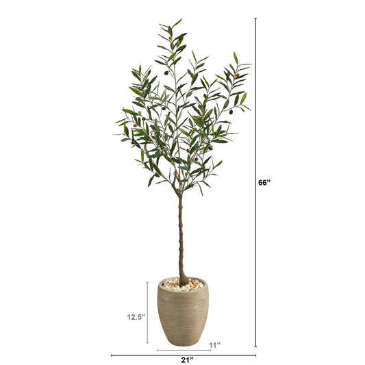 Olive artificial tree in sand planter by Nearly Natural, 66in tall with olive fruits on Tampa Home & Garden Store