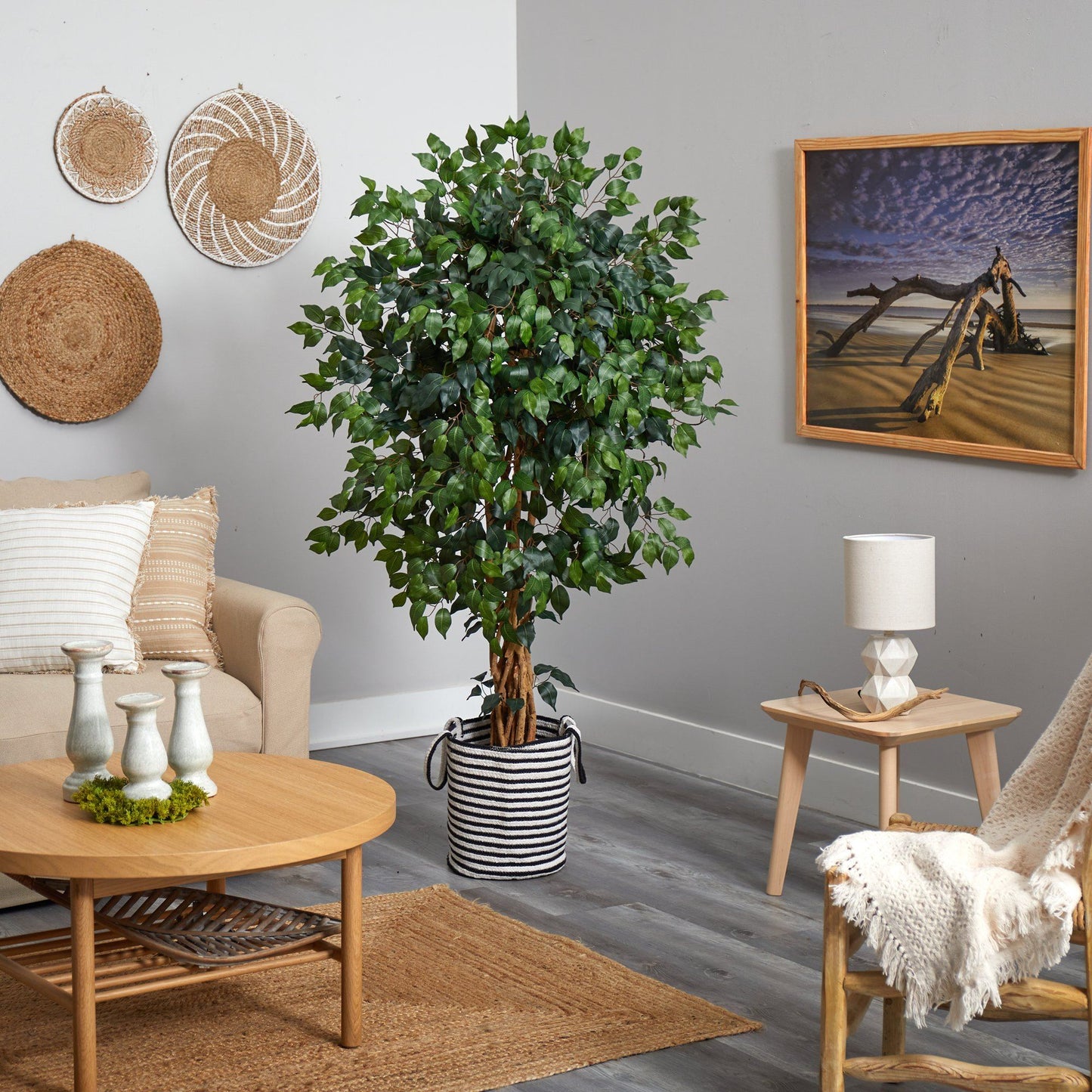 5.5' Palace Ficus artificial tree in black and white jute and cotton planter by Nearly Natural on Tampa Home & Garden Store