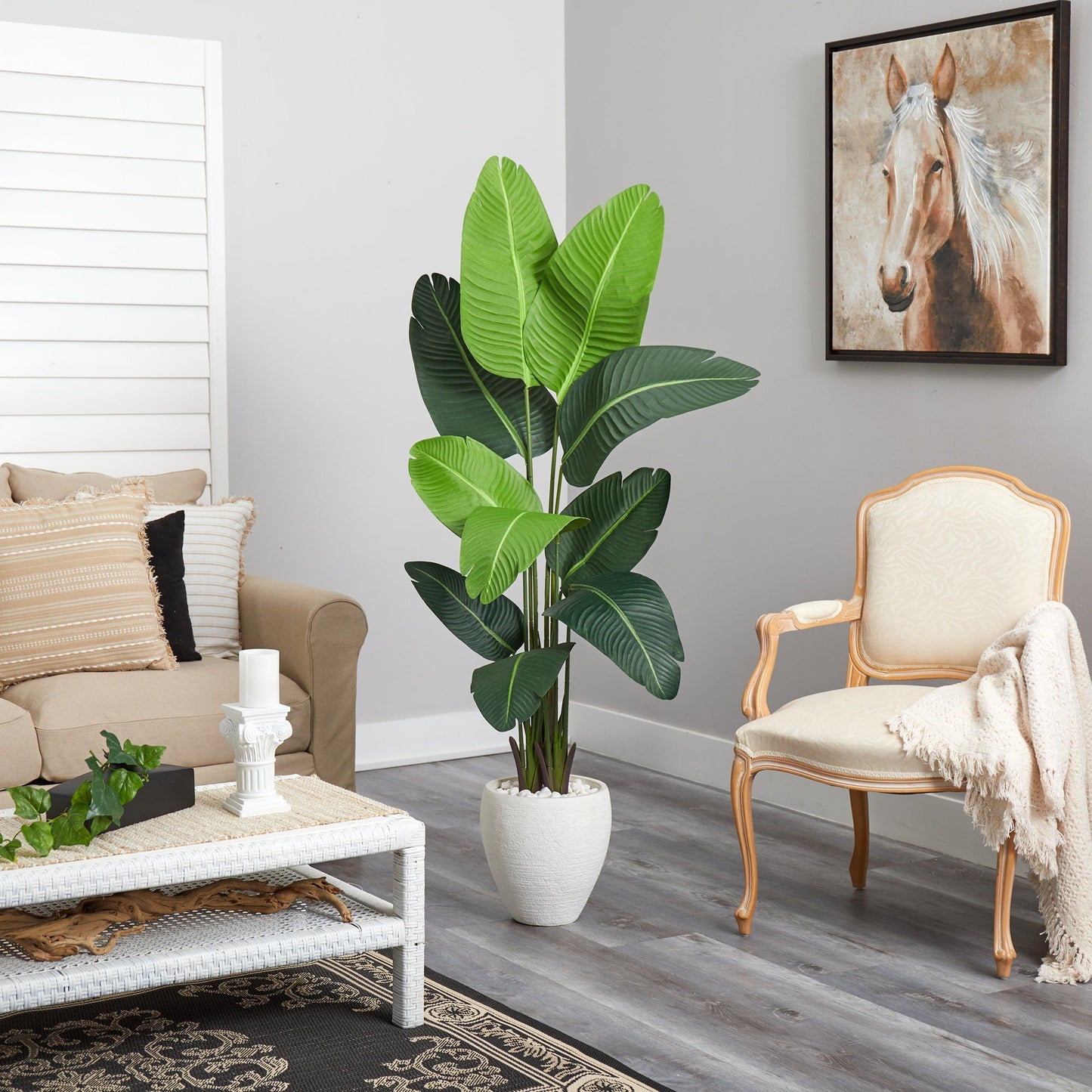 Travelers Palm artificial tree by Nearly Natural in a white planter with lush green leaves on Tampa Home & Garden Store