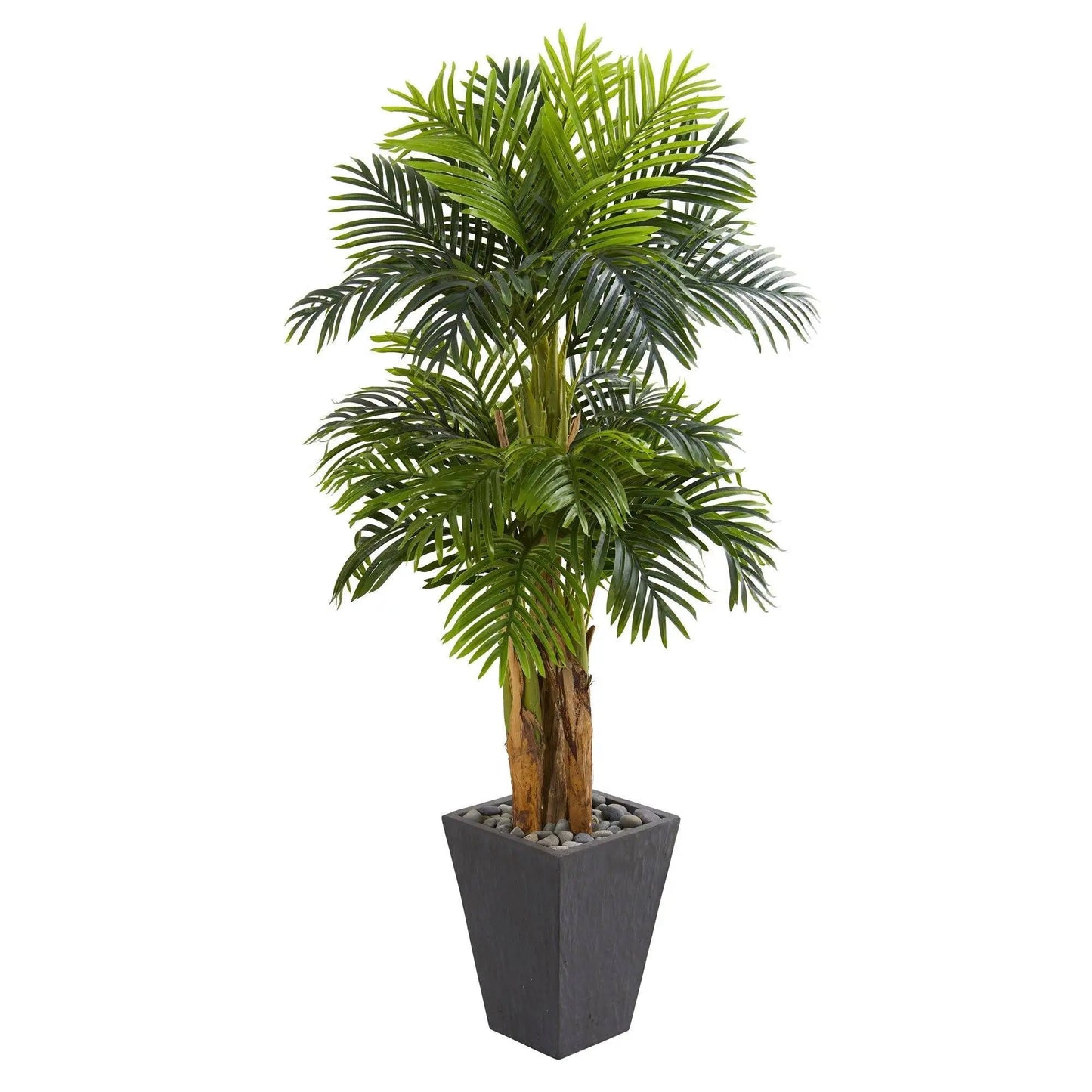 Nearly Natural 5.5 ft triple Areca palm tree in slate planter with decorative rocks on Tampa Home & Garden Store