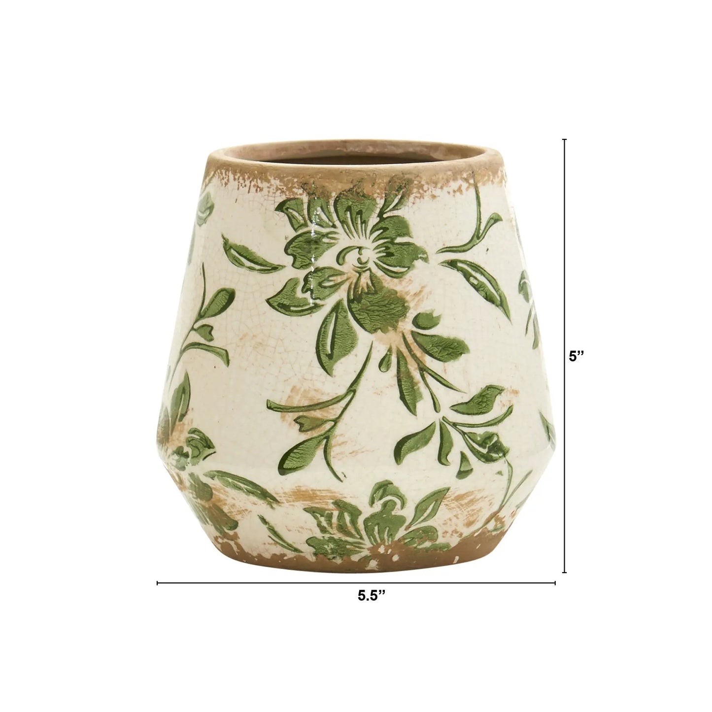 5.5 inch Tuscan ceramic green scroll planter with green leafy motif on Tampa Home & Garden Store