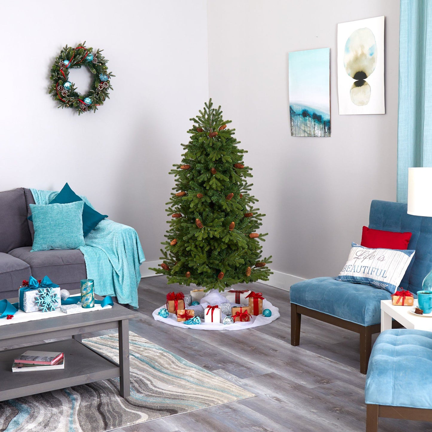 Yukon Mountain Fir Christmas Tree with 250 Lights, green artificial tree in living room on Tampa Home & Garden Store
