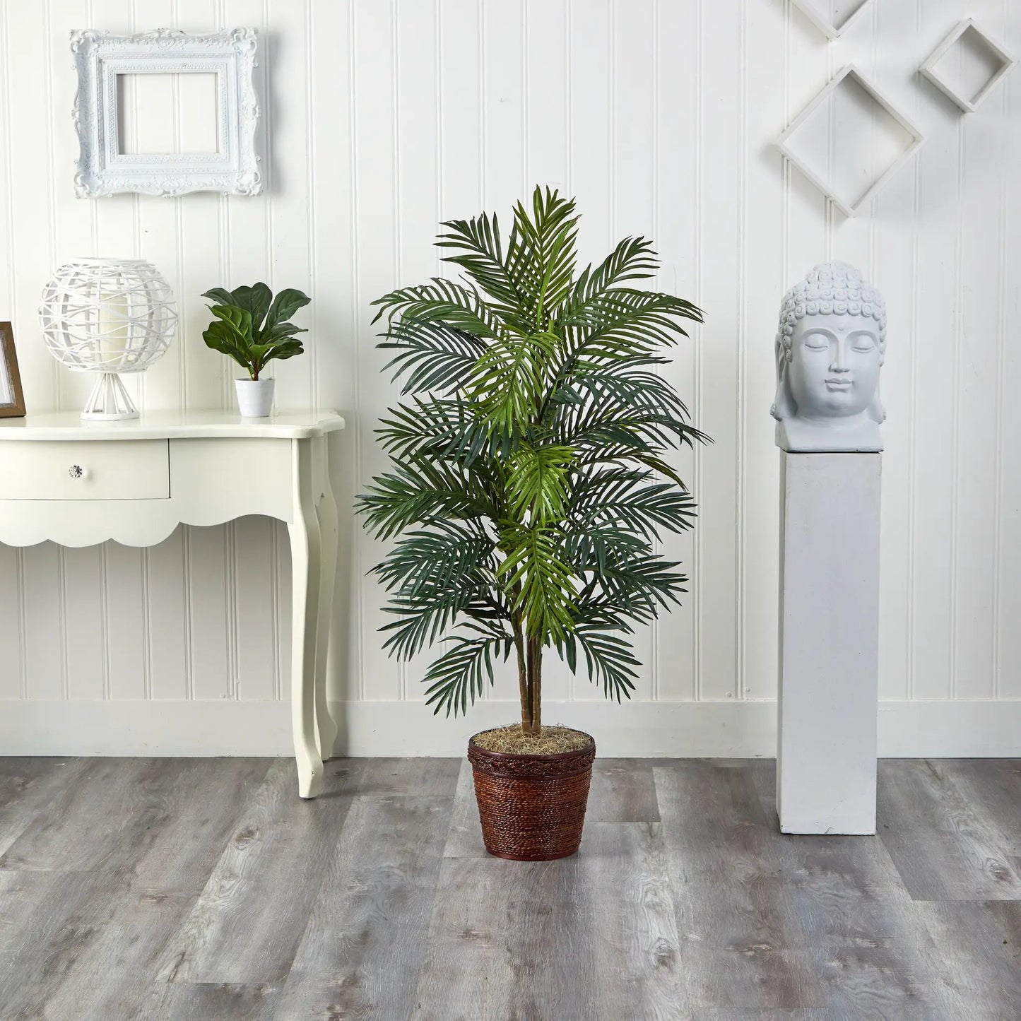 56-inch Nearly Natural Areca Palm Silk Tree in a wicker basket with lush green fronds on Tampa Home & Garden Store