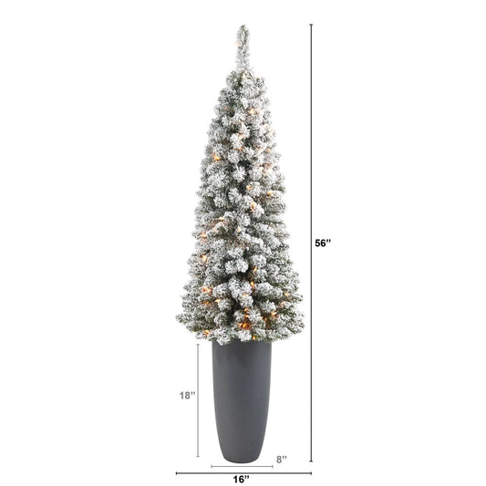 56 inch flocked pencil Christmas tree in a gray planter with warm white lights on Tampa Home & Garden Store