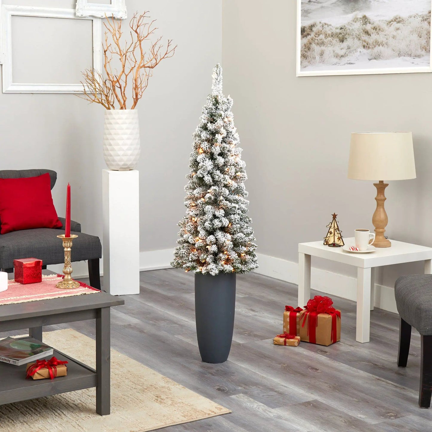 56 Inch Flocked Pencil Tree with 100 Lights artificial Christmas tree Nearly Natural in gray planter on Tampa Home & Garden Store