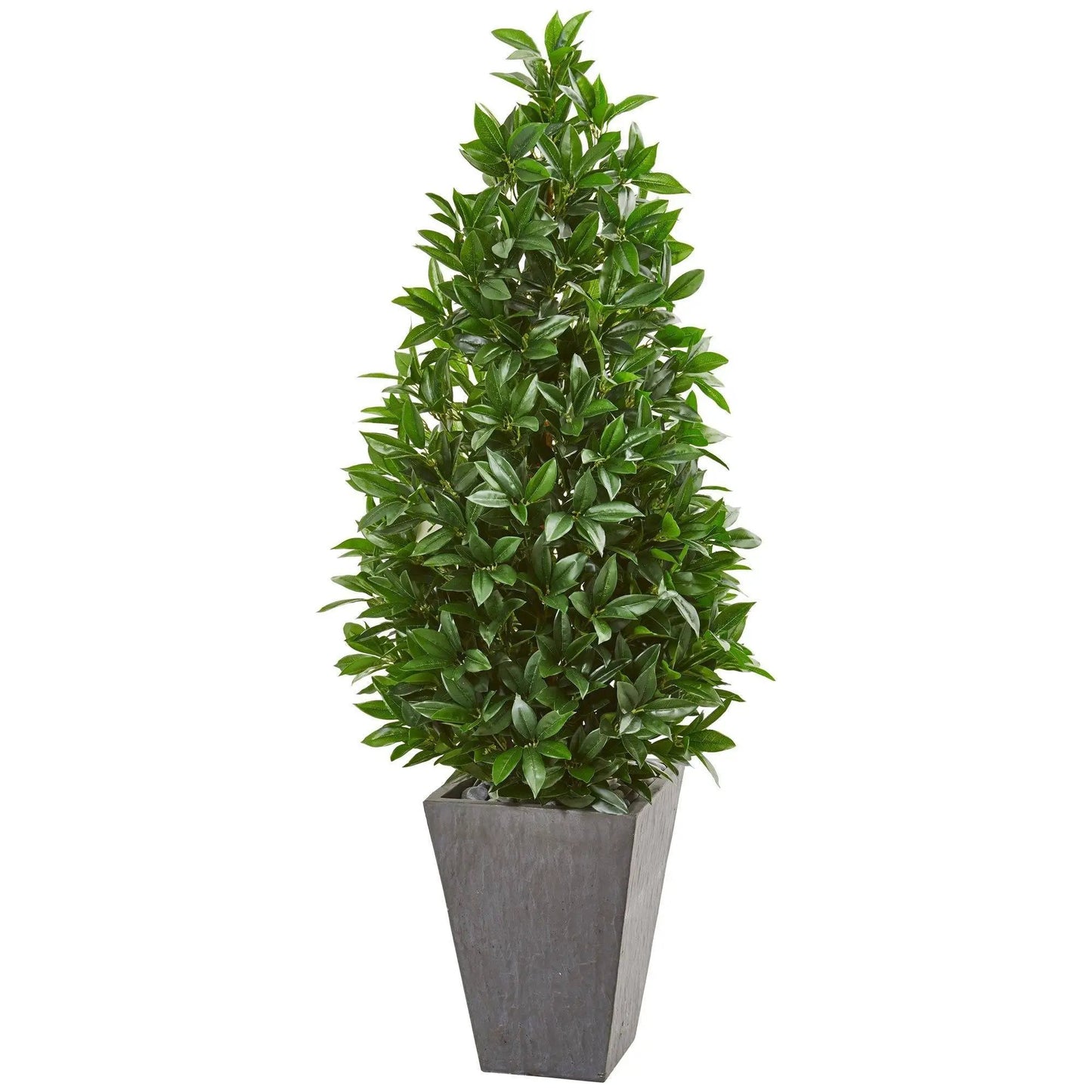 57-inch bay leaf cone topiary in slate planter with dense green foliage Nearly Natural on Tampa Home & Garden Store