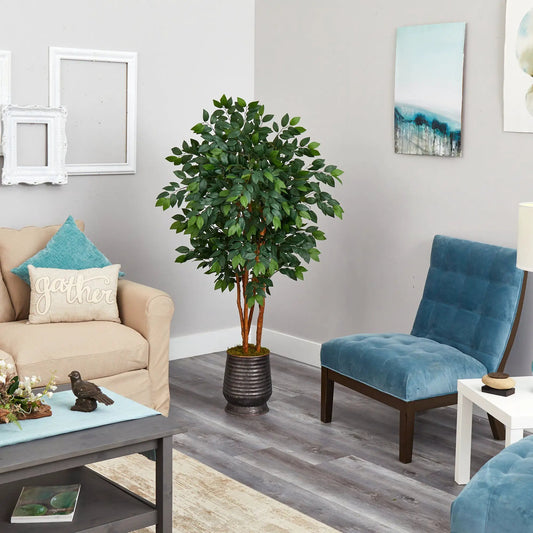 Sakaki artificial tree in ribbed metal planter by Nearly Natural, 57-inch tall on Tampa Home & Garden Store