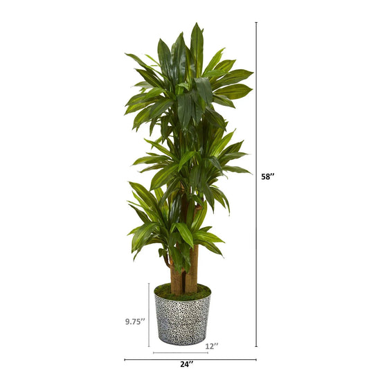 58-inch Corn Stalk Dracaena artificial plant with green lifelike leaves in a dotted metal planter on Tampa Home & Garden Store