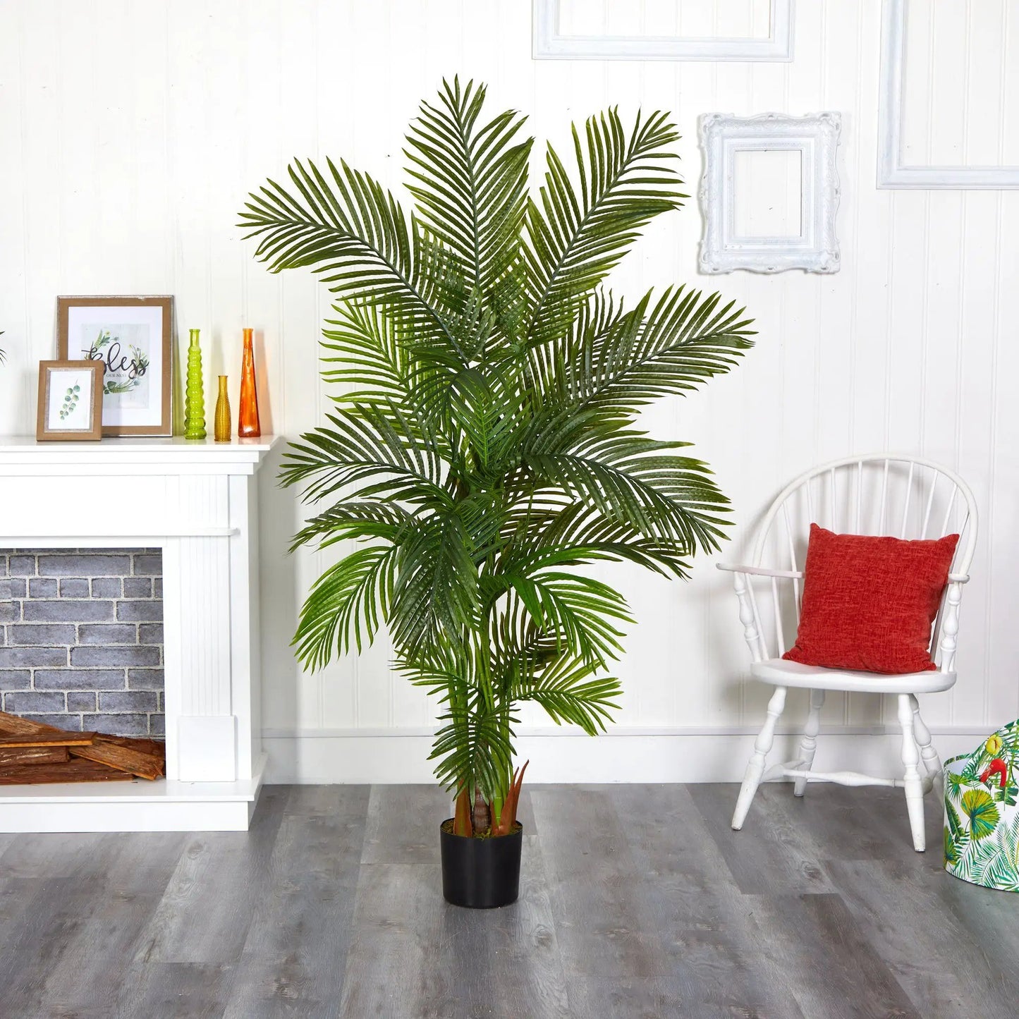 Areca Palm Artificial Tree 6 ft tall by Nearly Natural with lush green fronds in black pot on Tampa Home & Garden Store