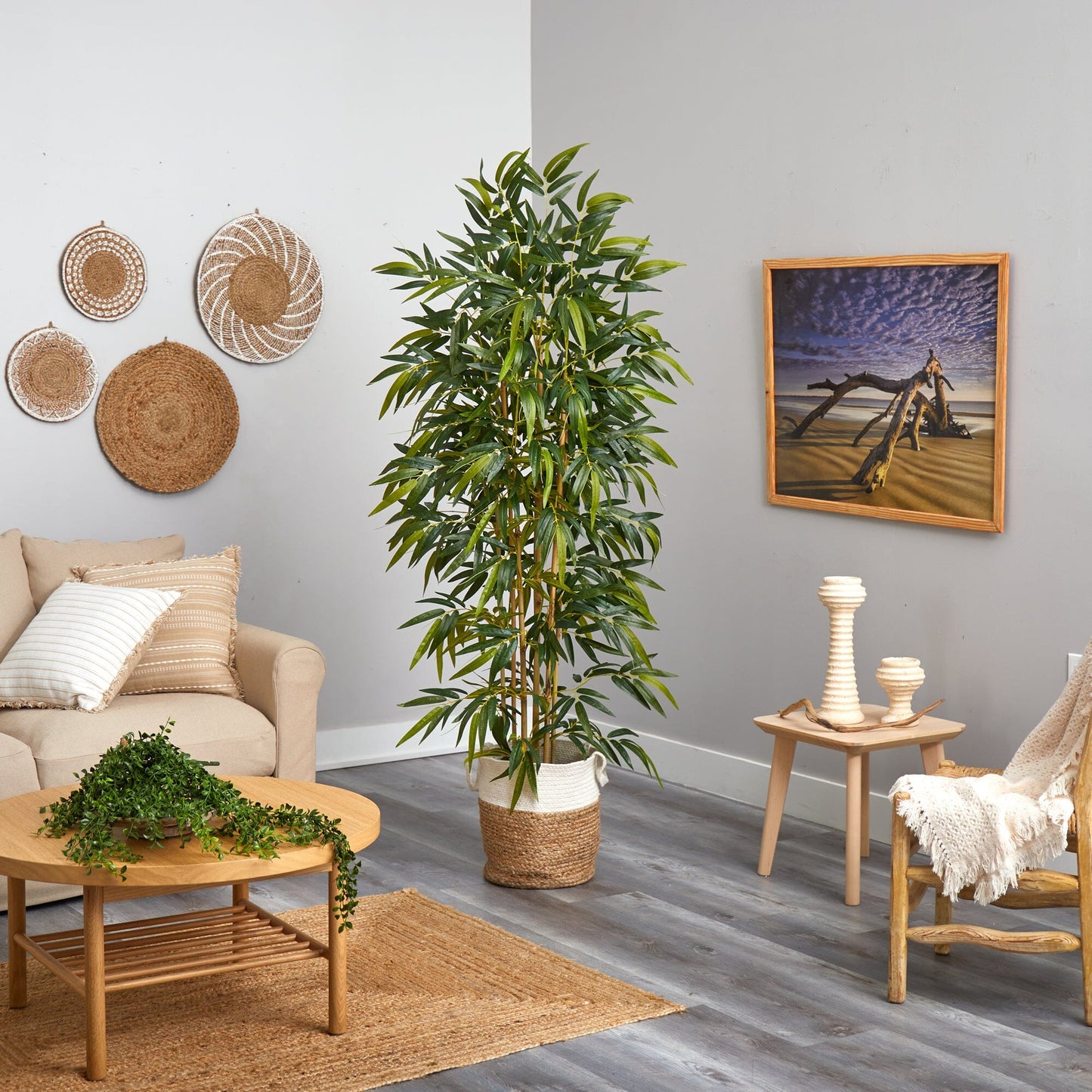 Artificial Bamboo Tree in a Jute and Cotton Basket, 6 ft tall, Nearly Natural plant in planter on Tampa Home & Garden Store