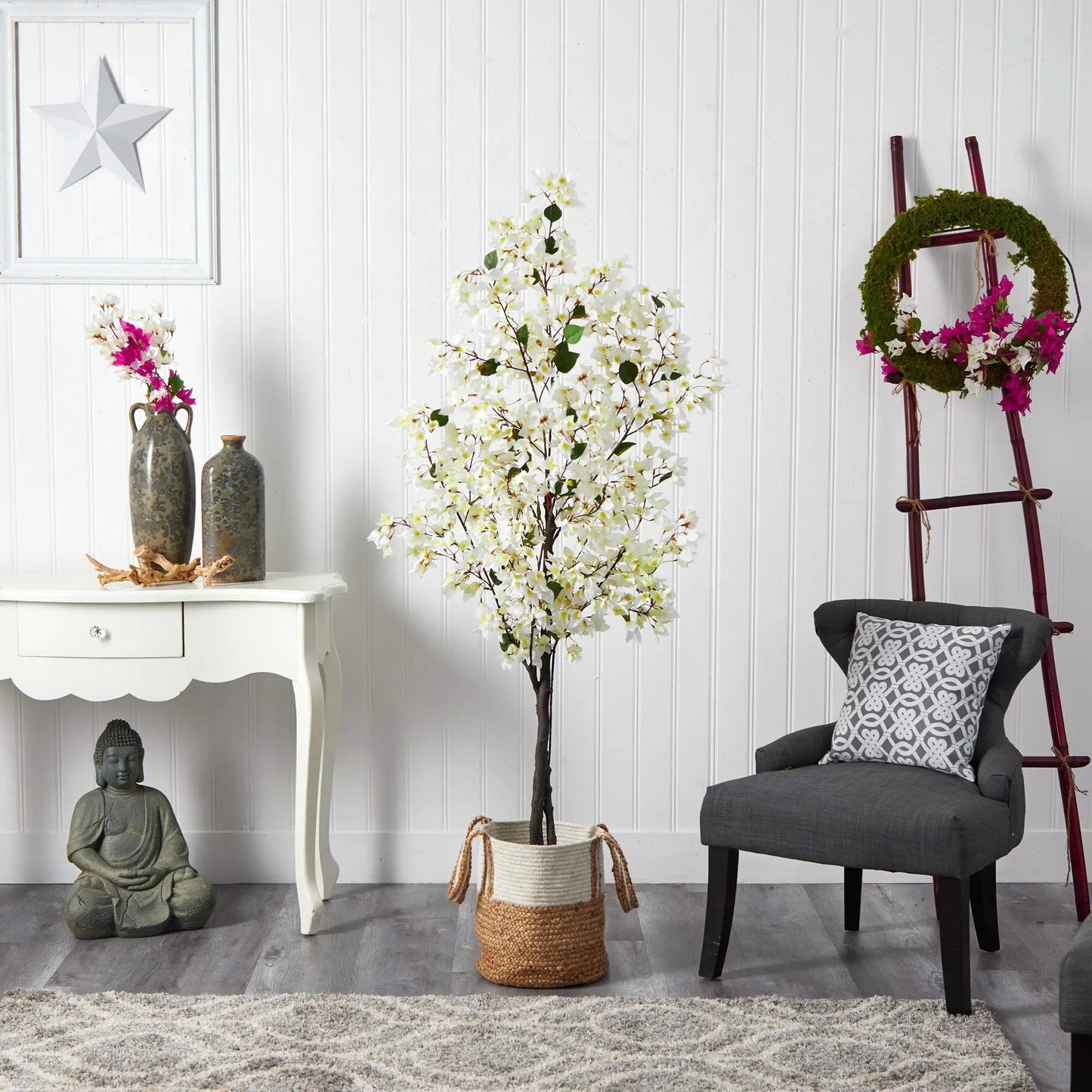Artificial Bougainvillea Tree in a natural jute basket by Nearly Natural on Tampa Home & Garden Store
