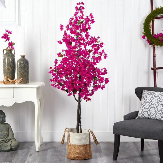 Artificial Bougainvillea Tree in a handmade jute basket with bright pink blossoms on Tampa Home & Garden Store