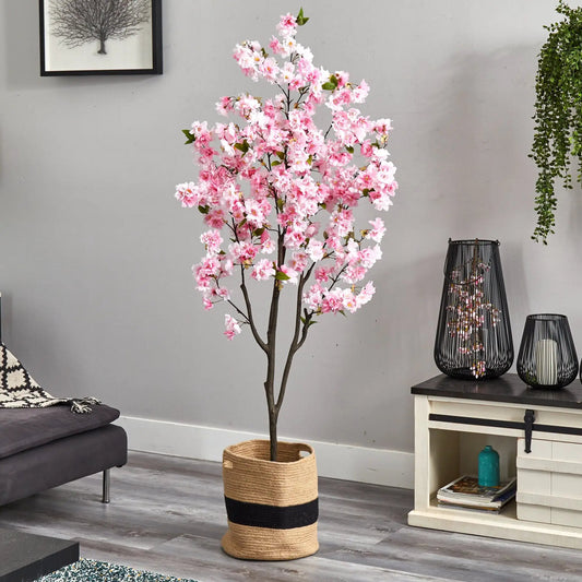 6 ft cherry blossom tree in a jute basket by Nearly Natural on Tampa Home & Garden Store