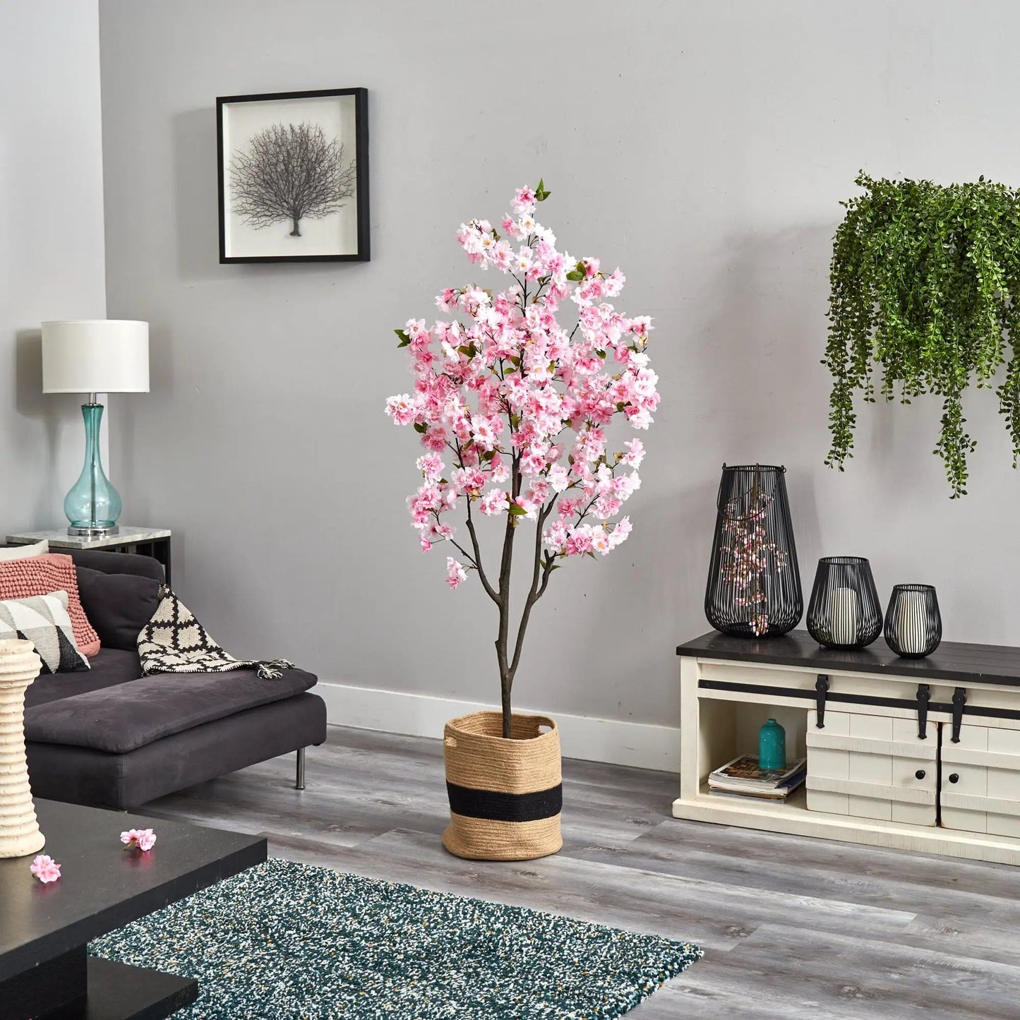 6 ft cherry blossom tree with pink blossoms in a natural jute basket, Nearly Natural artificial plant on Tampa Home & Garden Store
