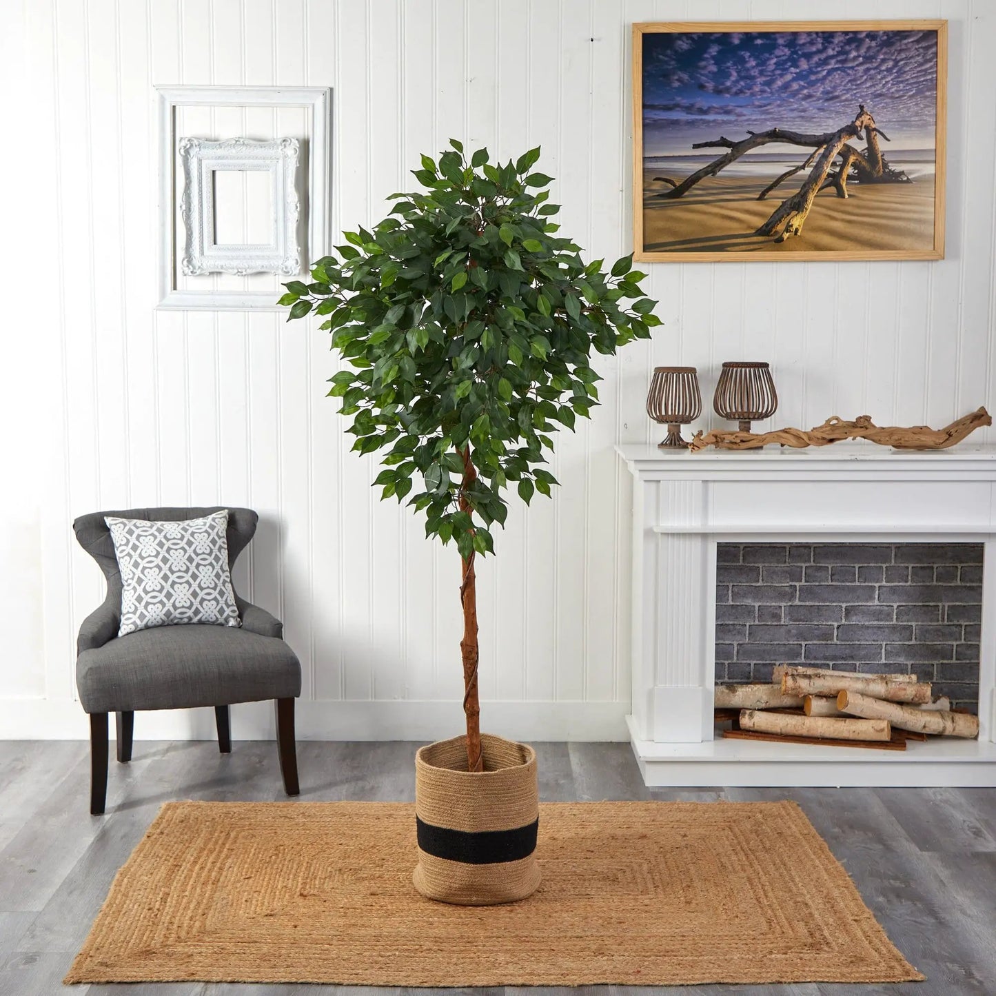 Nearly Natural artificial Ficus Tree in handmade jute basket with tall green leaves on Tampa Home & Garden Store