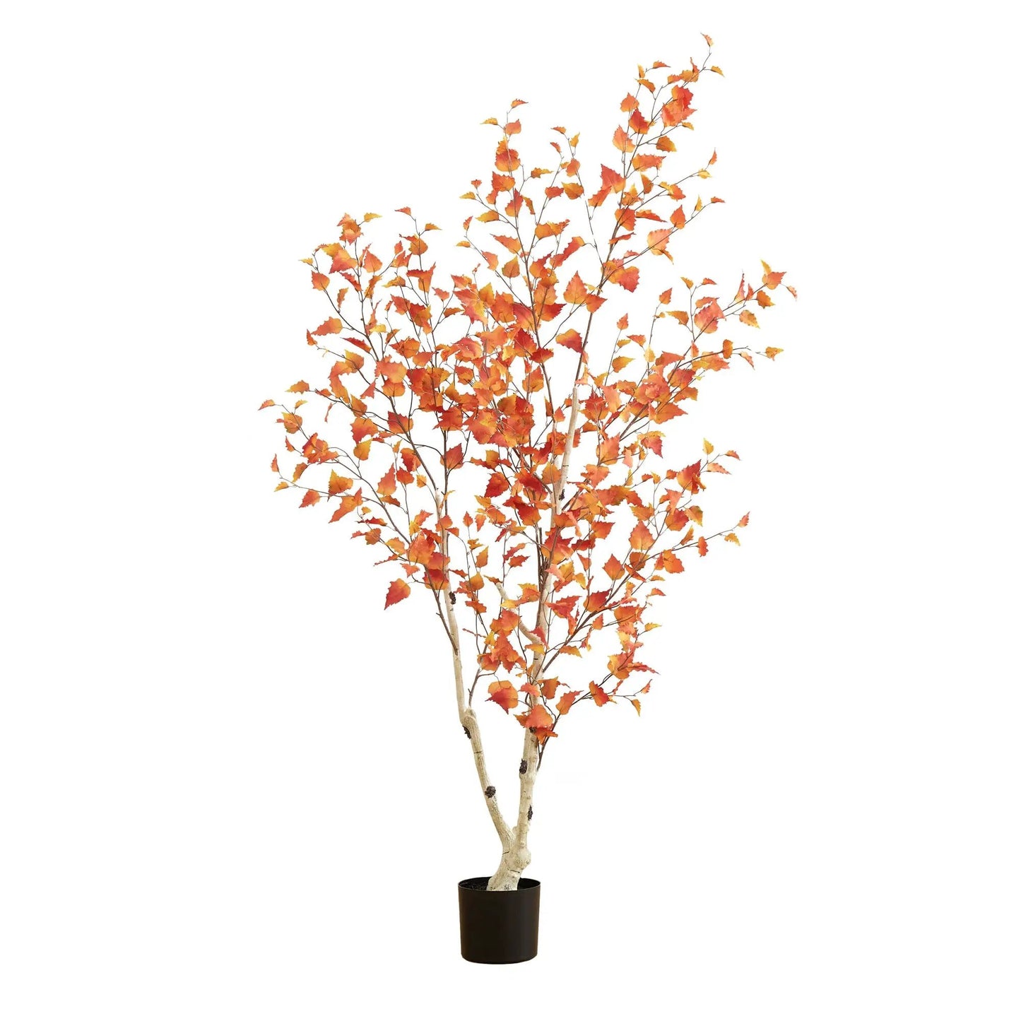 Autumn Birch Artificial Fall Tree by Nearly Natural, orange-red leaves in black planter on Tampa Home & Garden Store