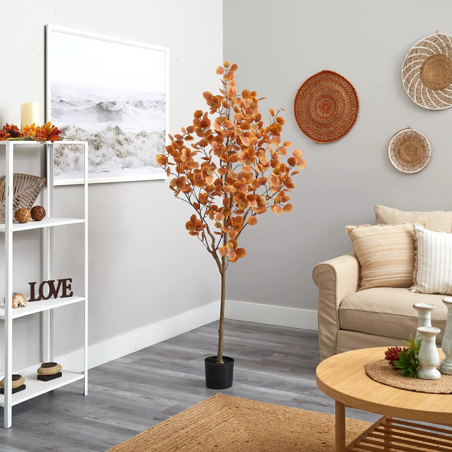 Autumn Eucalyptus Tree with Realistic Leaves, orange foliage, Nearly Natural brand on Tampa Home & Garden Store