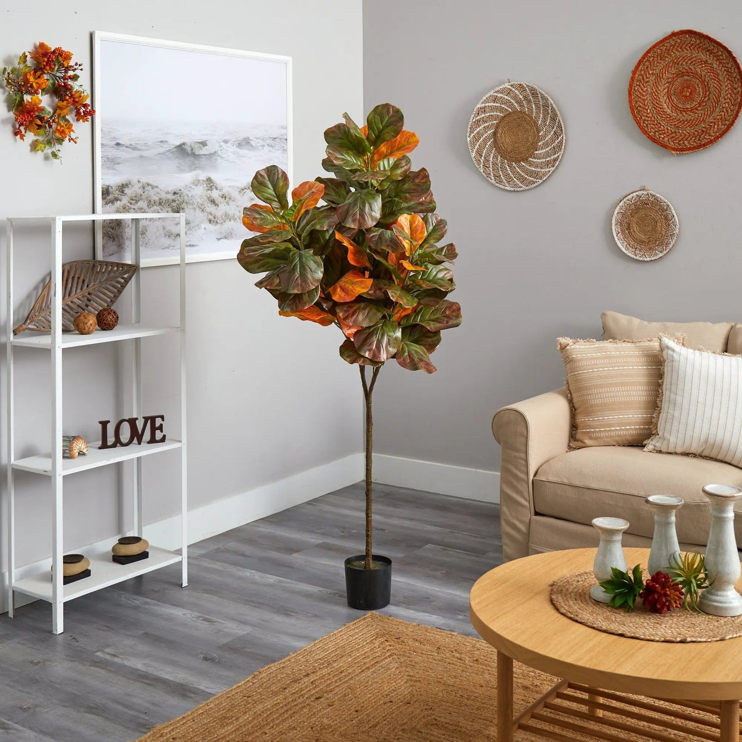 Autumn Fiddle Leaf Tree, 6 ft artificial plant by Nearly Natural with orange-brown leaves on Tampa Home & Garden Store