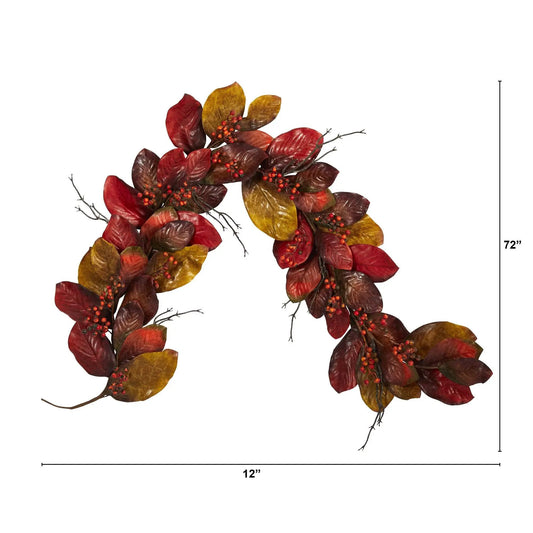 6’ Autumn Magnolia Leaf with Berries Artificial Garland - Tampa Home & Garden Store